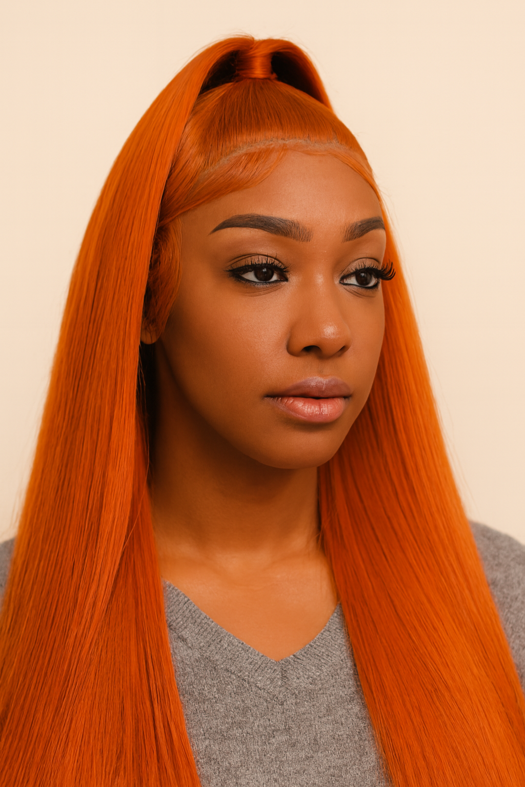 Model wearing the Ginger Copper Straight Human Hair Wig by Hair Labs