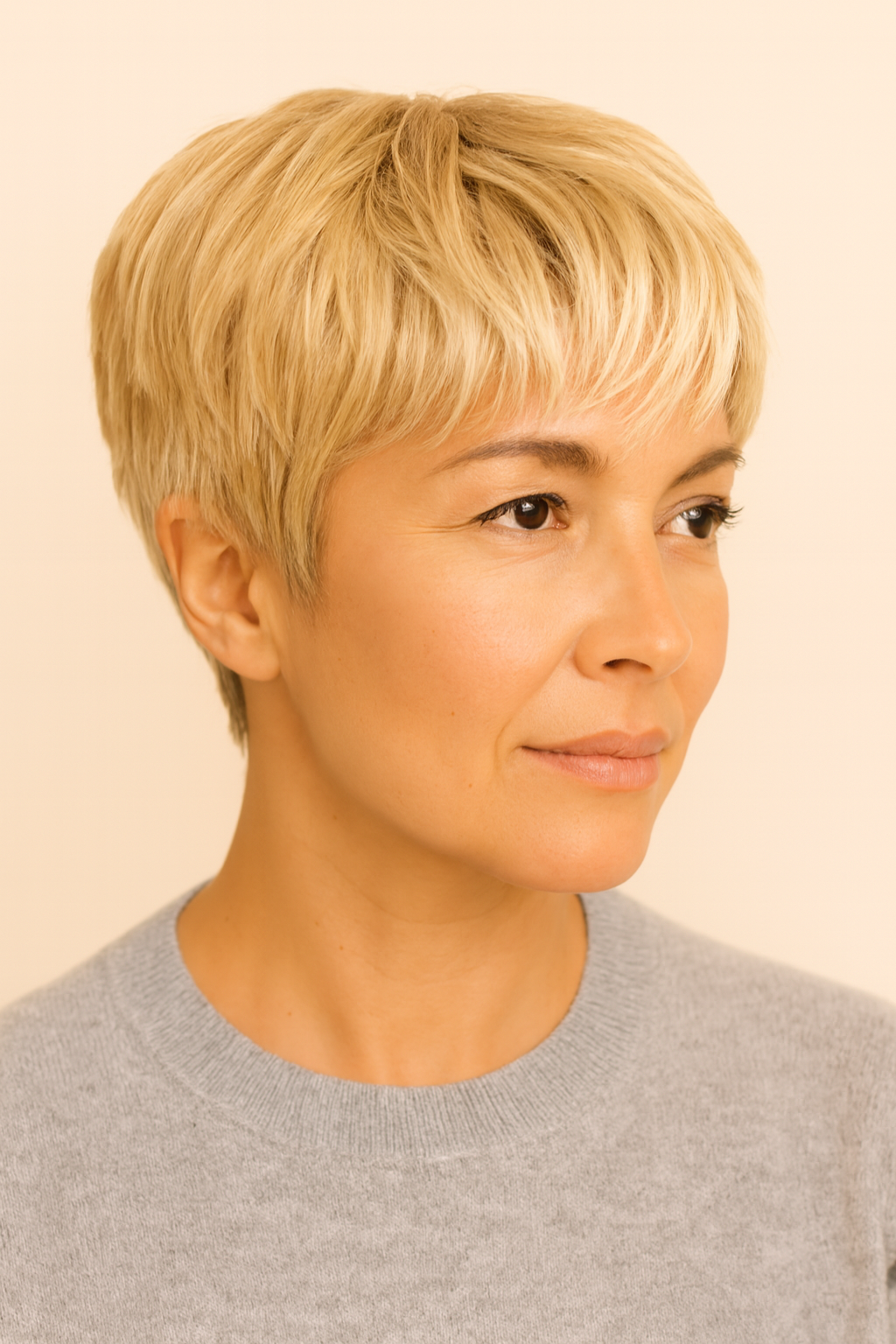 Model wearing the Honey Blonde Pixie Cut Wig by Hair Labs