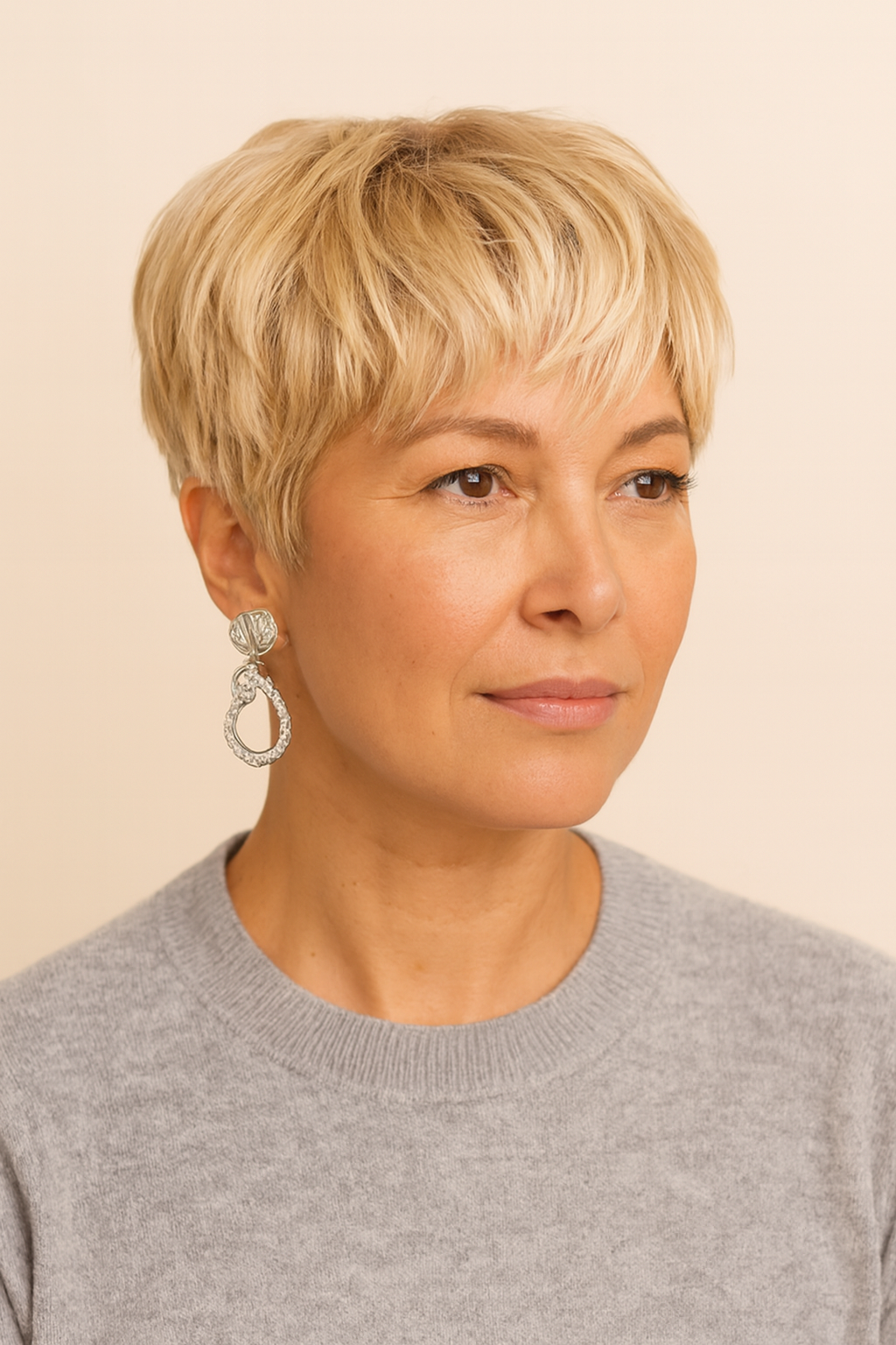 Model wearing the Honey Blonde Pixie Cut Wig by Hair Labs