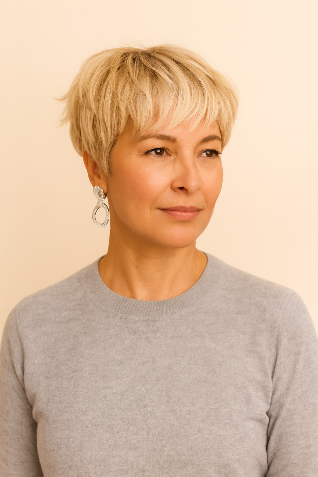 Model wearing the Honey Blonde Pixie Cut Wig by Hair Labs