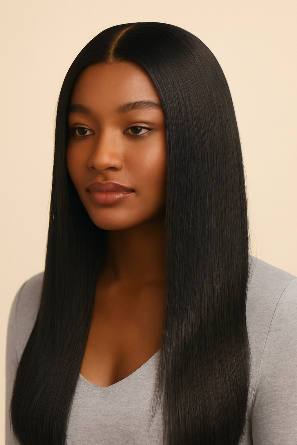 Model wearing the Straight V-Part Wig by Hair Labs