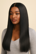 Model wearing the Straight V-Part Wig by Hair Labs