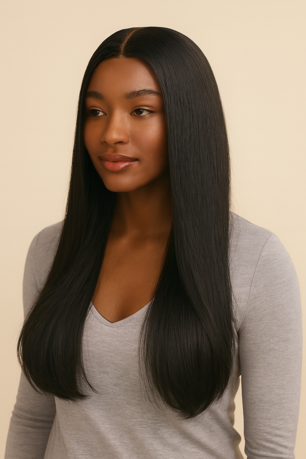 Model wearing the Straight V-Part Wig by Hair Labs