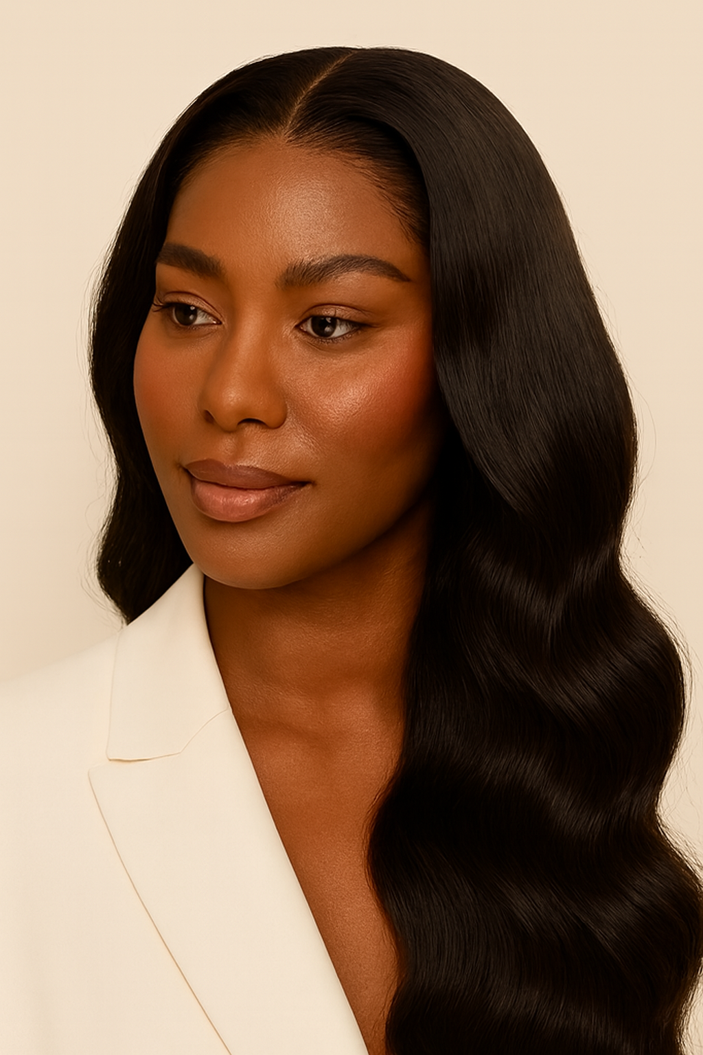 Model wearing the Body Wave V-Part Wig by Hair Labs