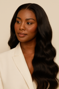 Model wearing the Body Wave V-Part Wig by Hair Labs