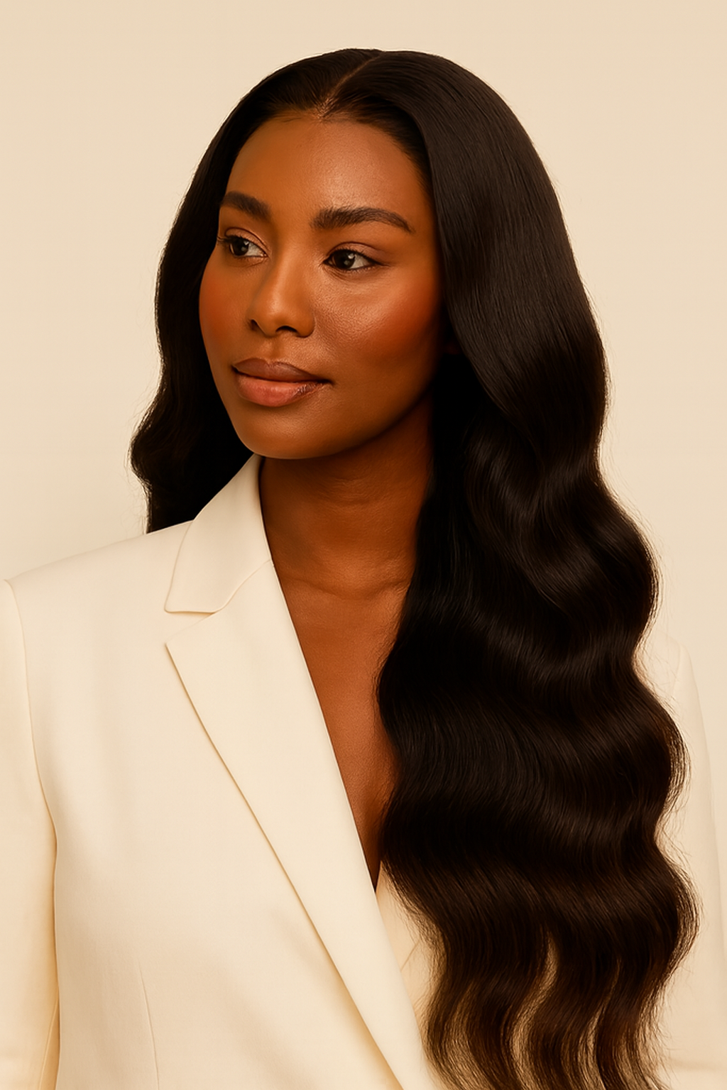 Model wearing the Body Wave V-Part Wig by Hair Labs