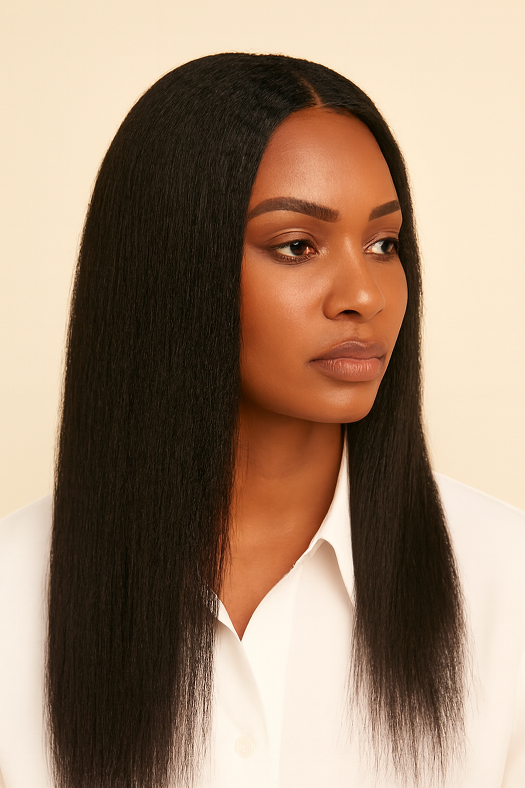 Model wearing the Kinky Straight U-Part Wig by Hair Labs