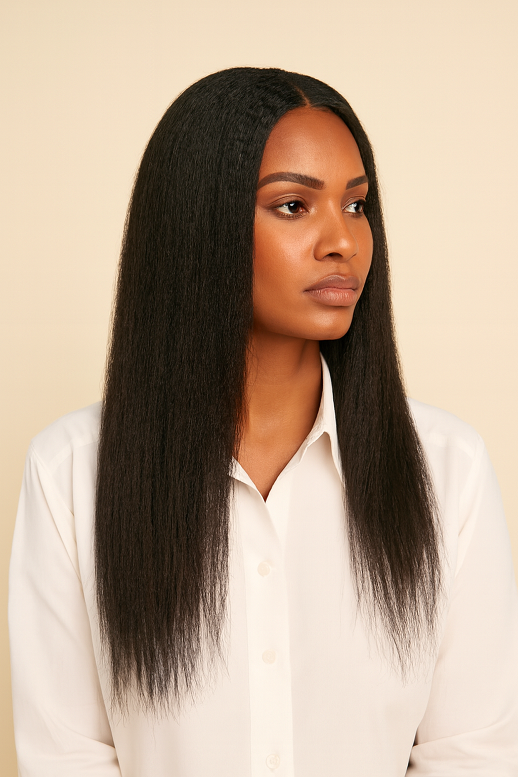 Model wearing the Kinky Straight U-Part Wig by Hair Labs
