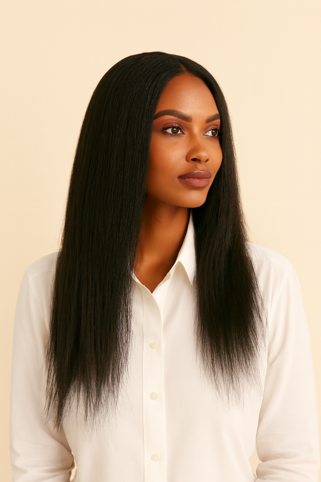 Model wearing the Kinky Straight U-Part Wig by Hair Labs