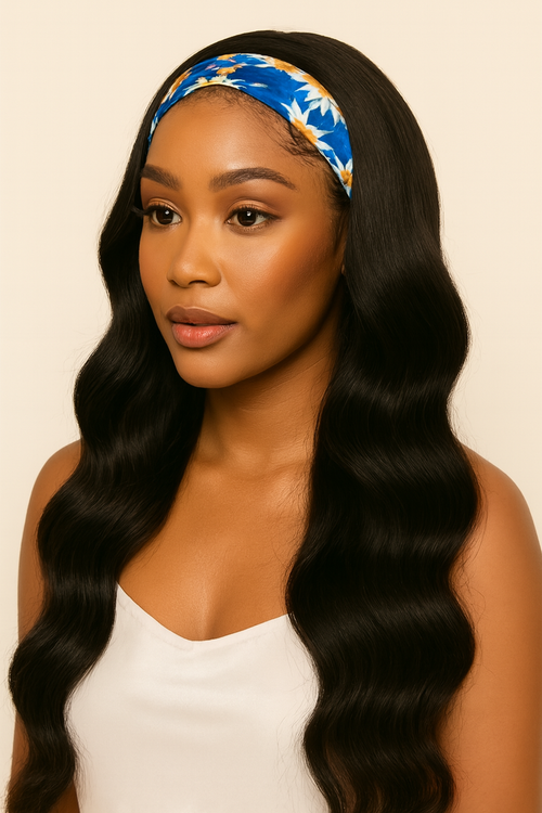 Model wearing the Body Wave Headband Wig by Hair Labs