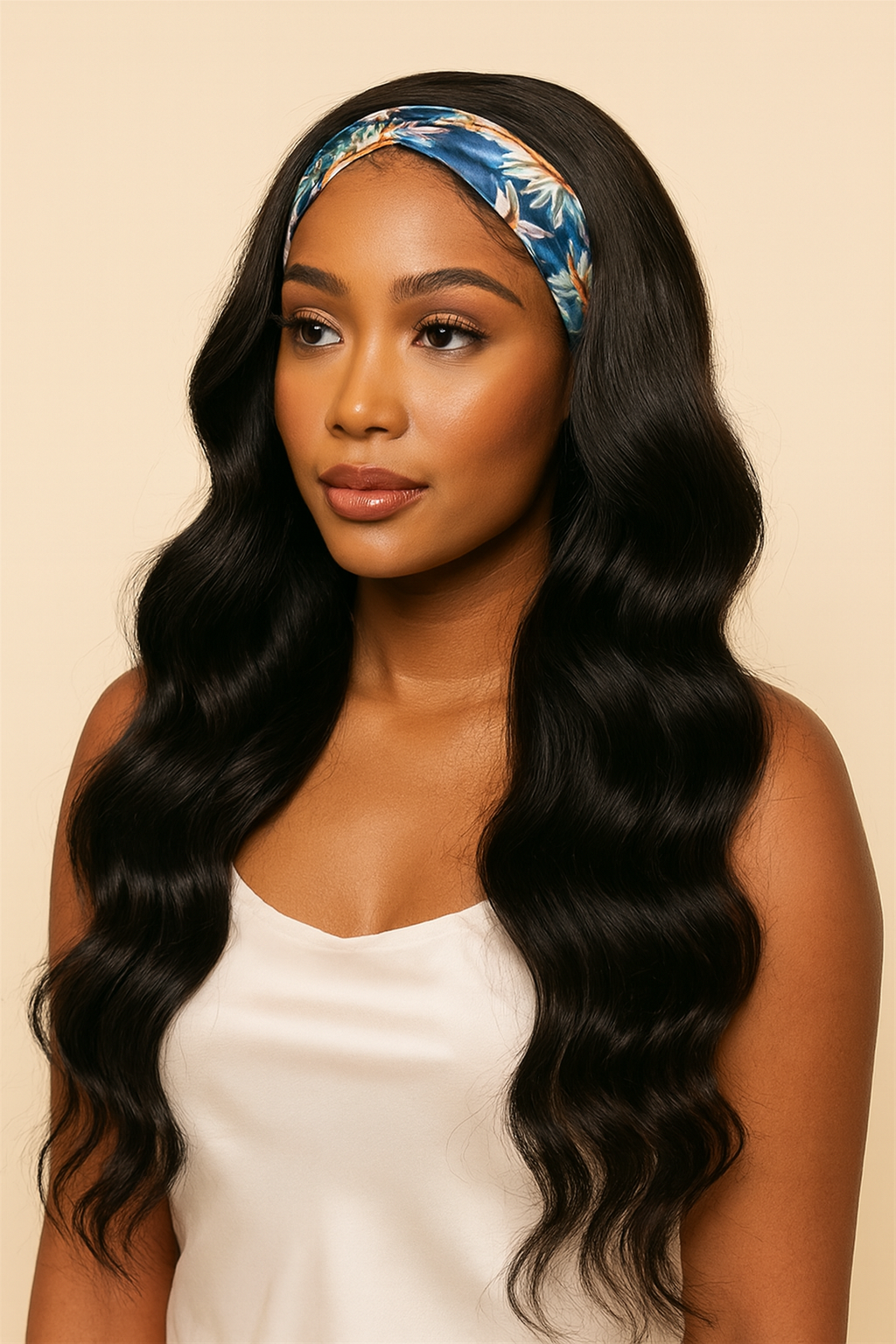 Model wearing the Body Wave Headband Wig by Hair Labs