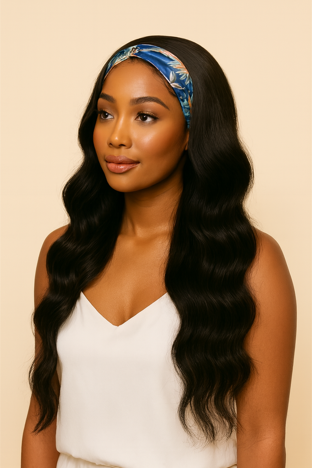 Model wearing the Body Wave Headband Wig by Hair Labs