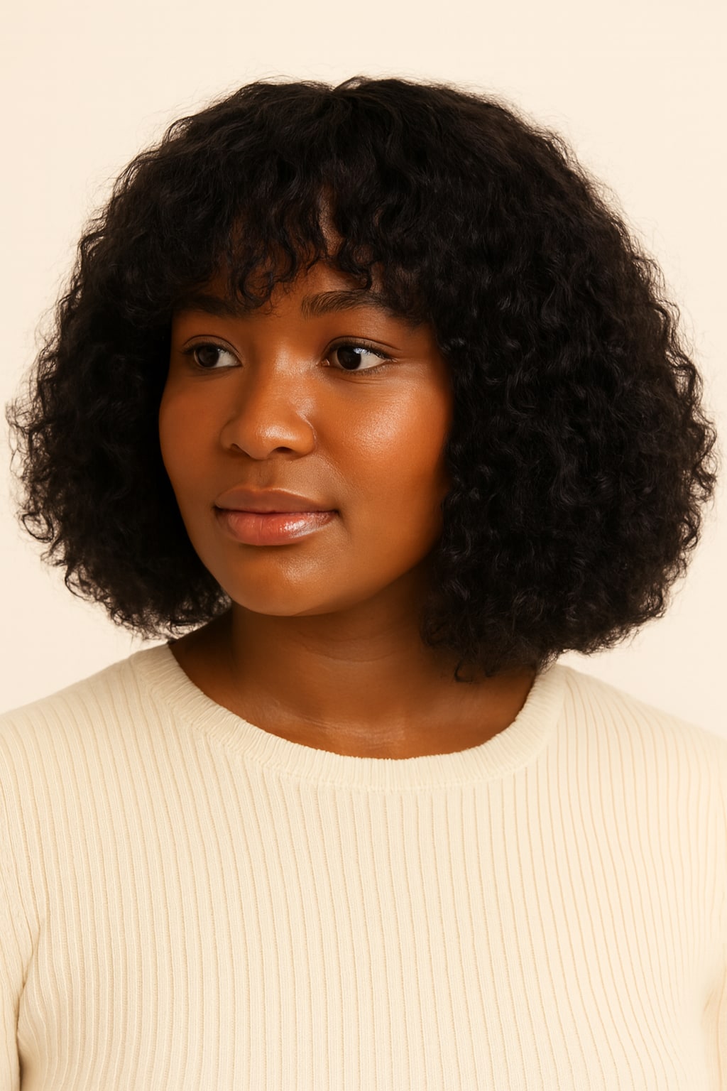 Curly Bob Wig with Bangs, Natural Black, hairline and texture close-up