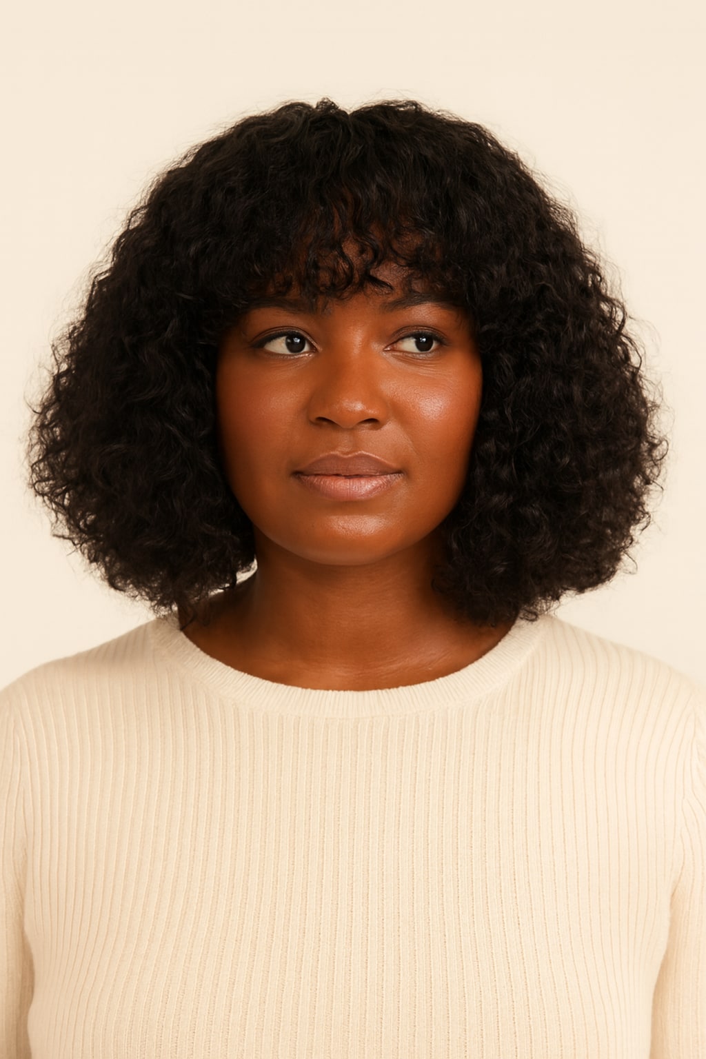 Curly Bob Wig with Bangs, Natural Black, front view