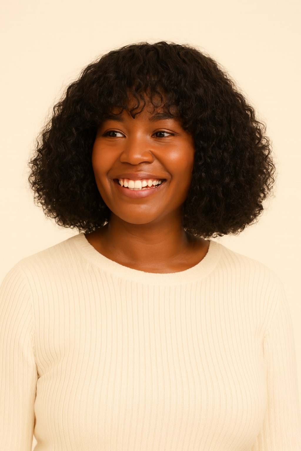 Curly Bob Wig with Bangs, Natural Black, side view