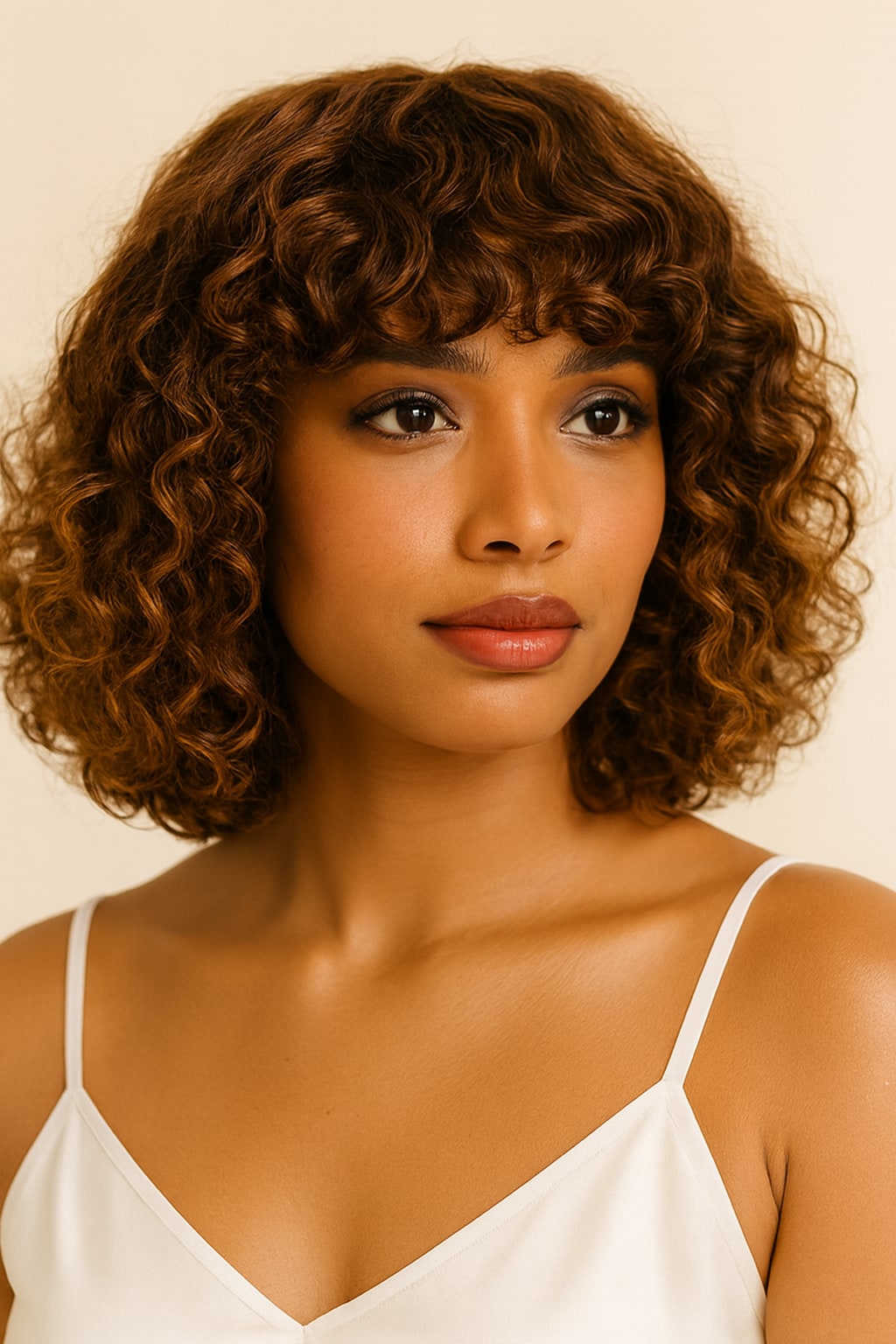 Curly Bob Wig with Bangs, Brown with Blonde Highlights, hairline and texture close-up