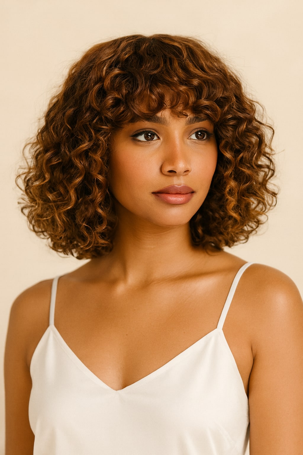 Curly Bob Wig with Bangs, Brown with Blonde Highlights, front view