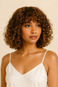 Curly Bob Wig with Bangs, Brown with Blonde Highlights, front view