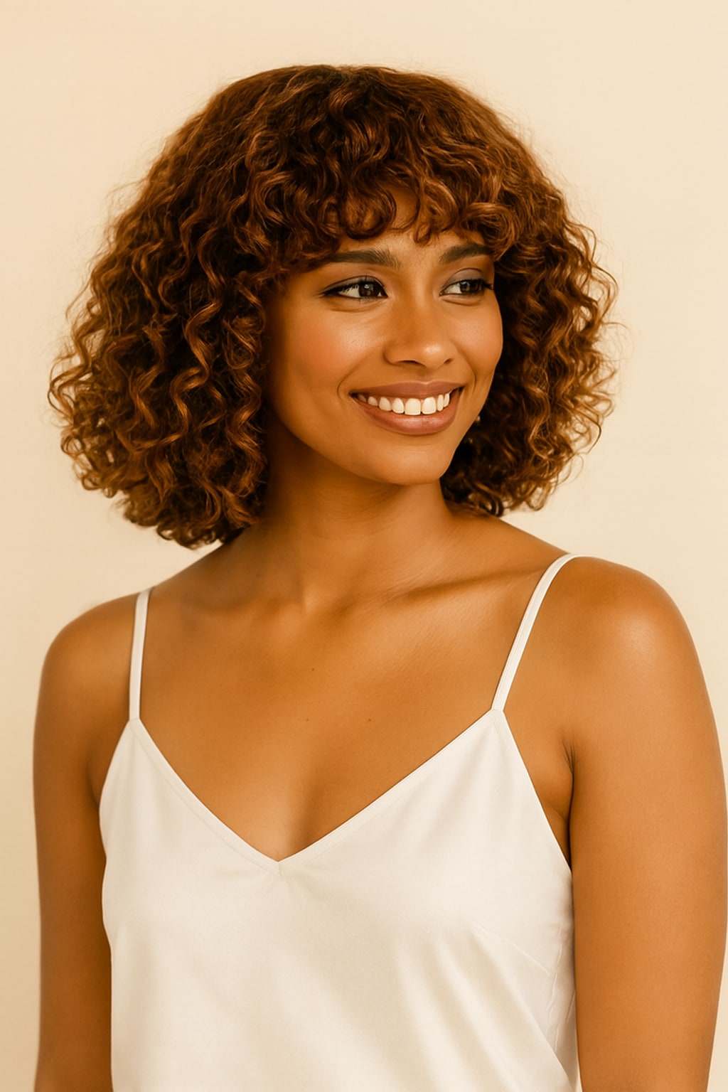 Curly Bob Wig with Bangs, Brown with Blonde Highlights, side view