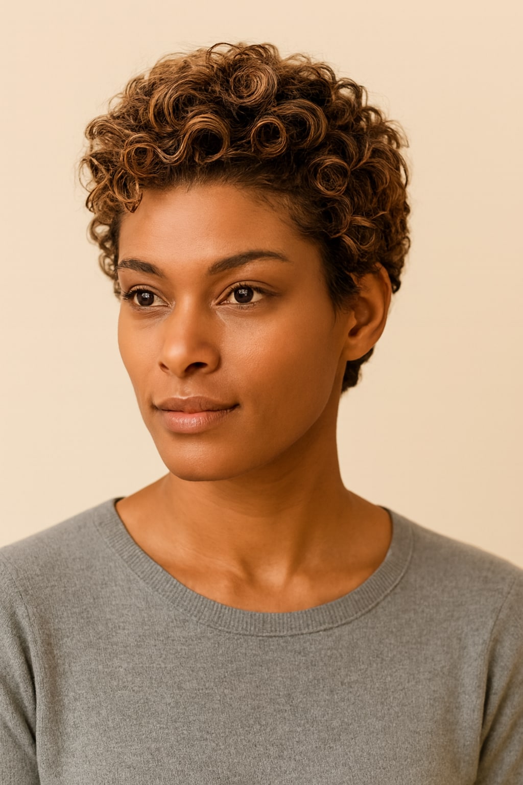 Highlight Curly Pixie Cut Wig, Brown with Blonde Highlights, hairline and texture close-up