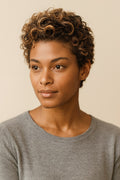 Highlight Curly Pixie Cut Wig, Brown with Blonde Highlights, front view