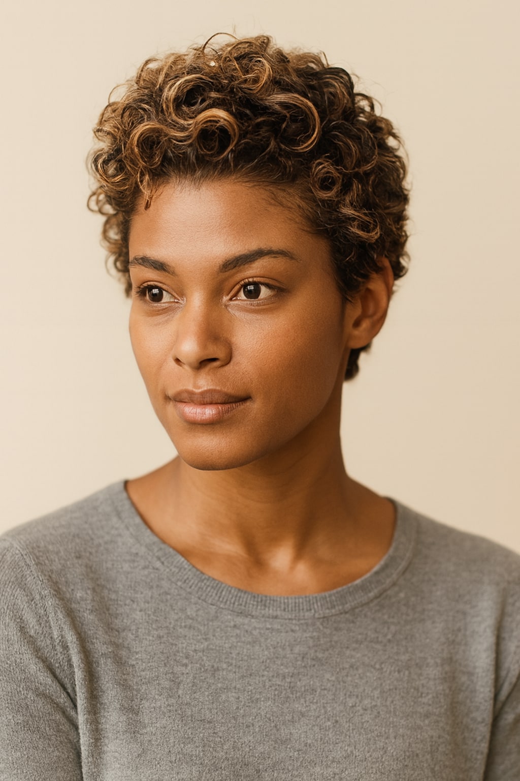 Highlight Curly Pixie Cut Wig, Brown with Blonde Highlights, front view