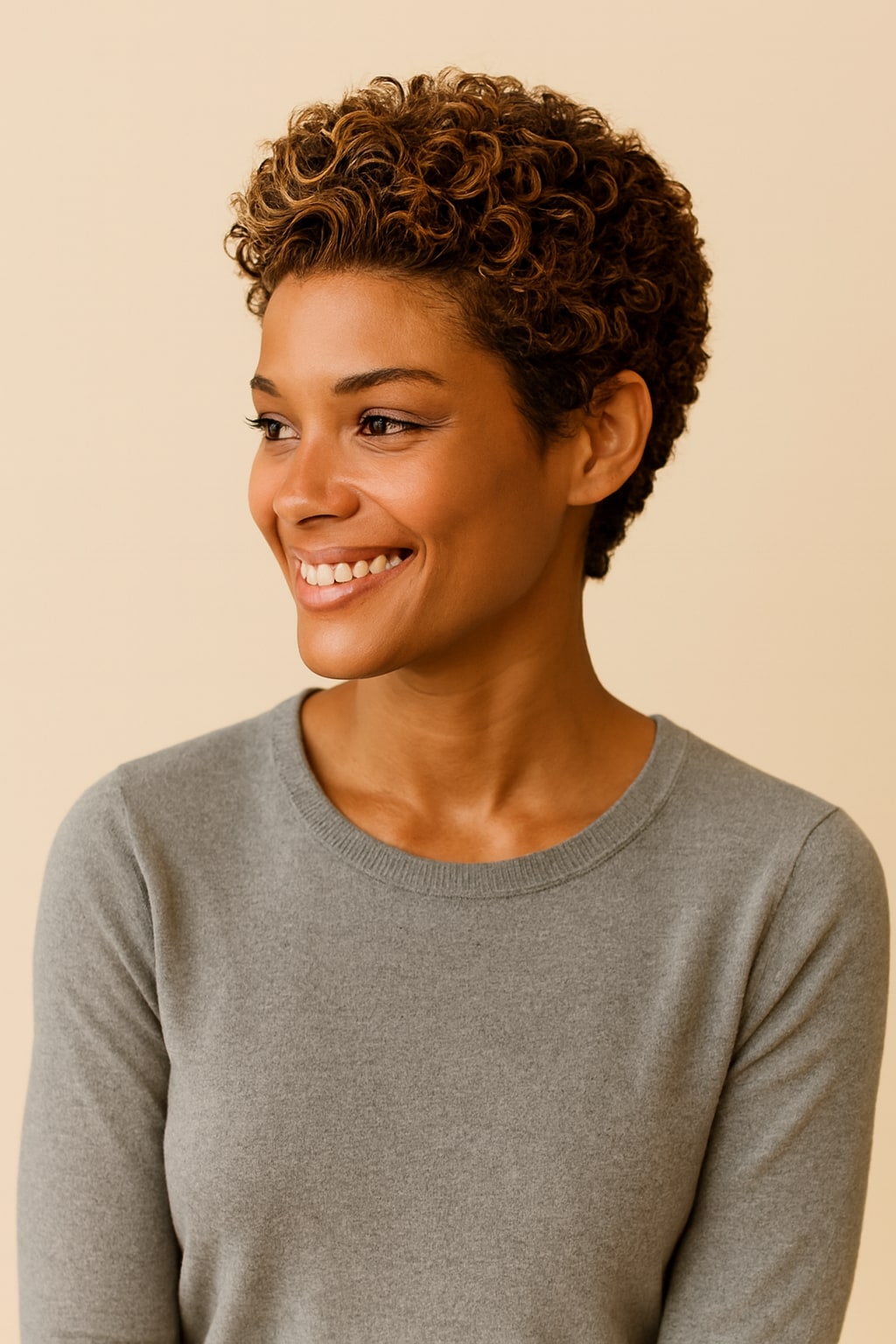 Highlight Curly Pixie Cut Wig, Brown with Blonde Highlights, side view