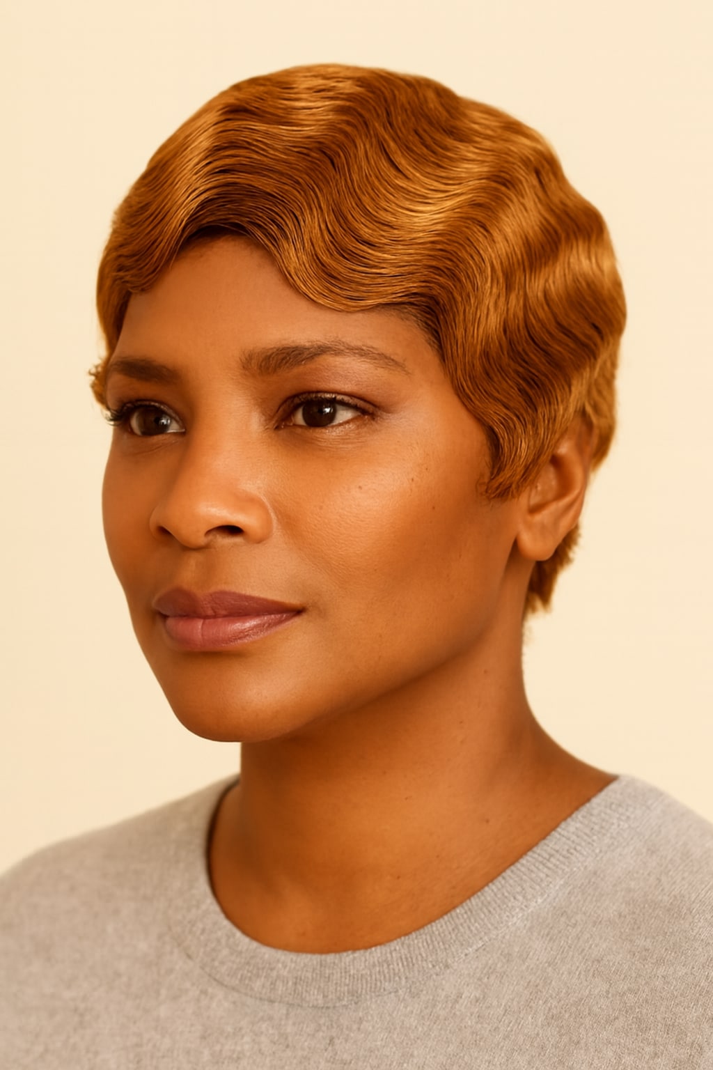 Auburn Pixie Cut Wig, Honey Auburn, hairline and texture close-up