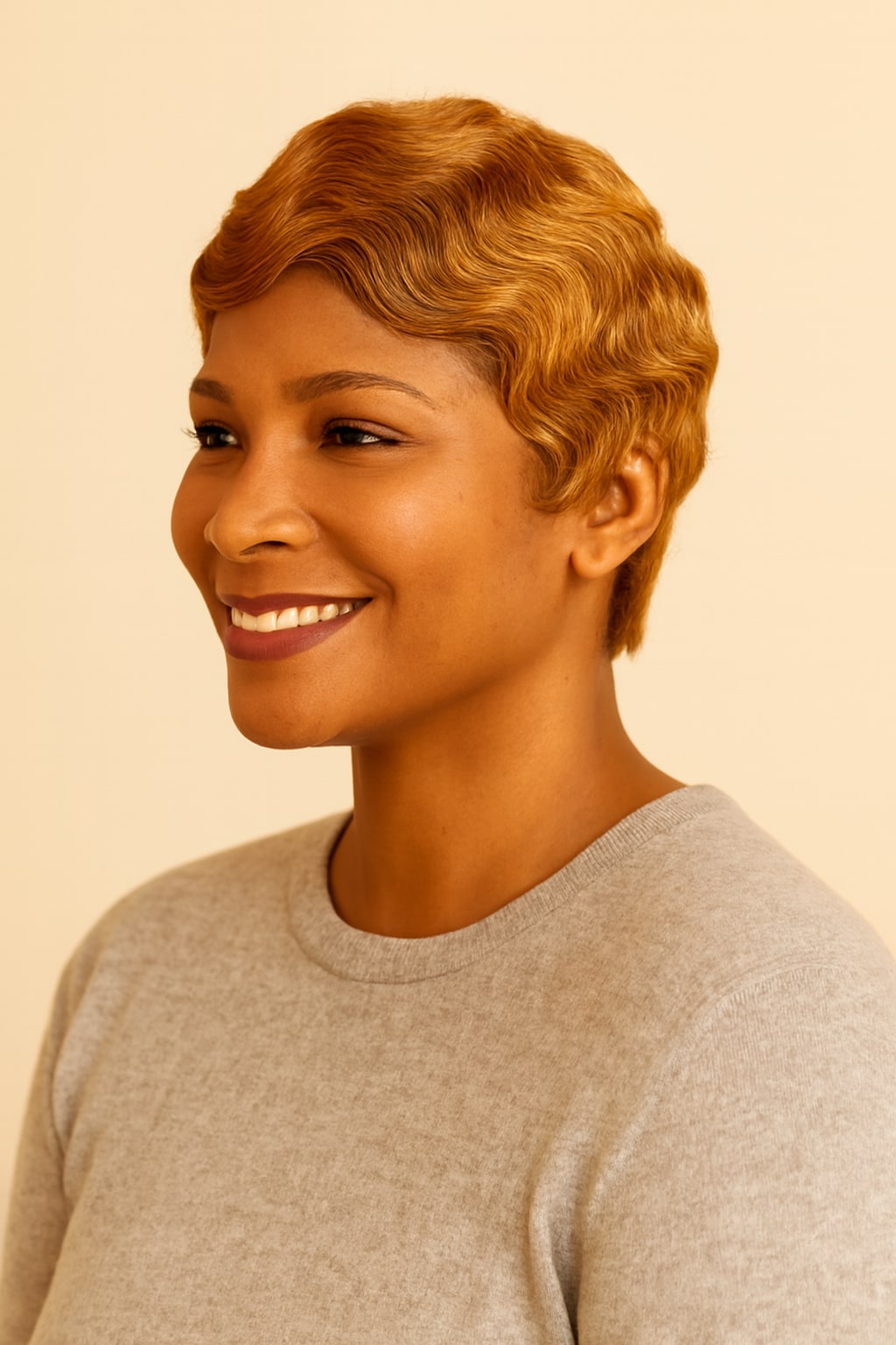Auburn Pixie Cut Wig, Honey Auburn, side view