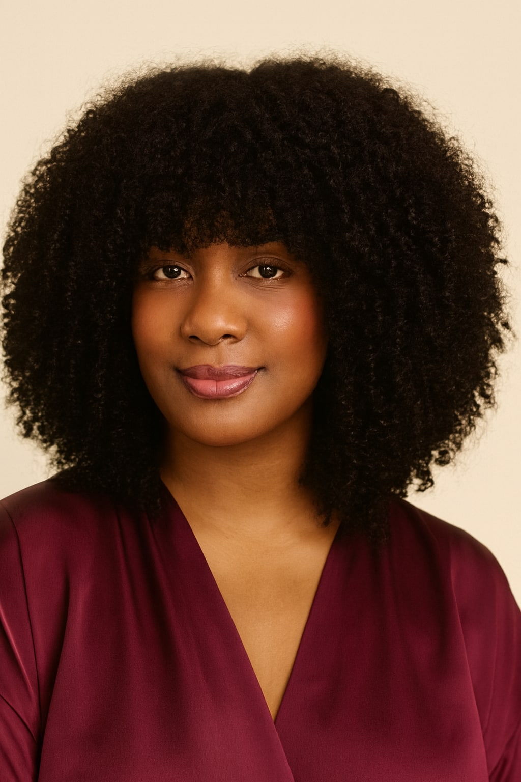 Kinky Curly Wig with Bangs, Natural Black, hairline and texture close-up