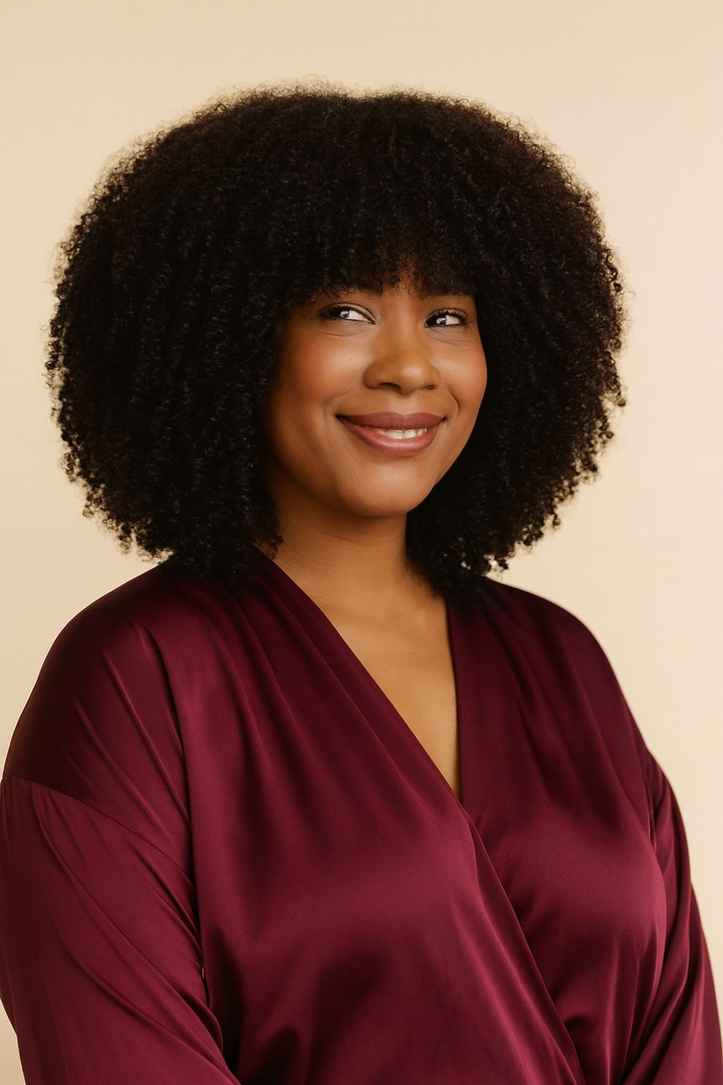 Kinky Curly Wig with Bangs, Natural Black, side view