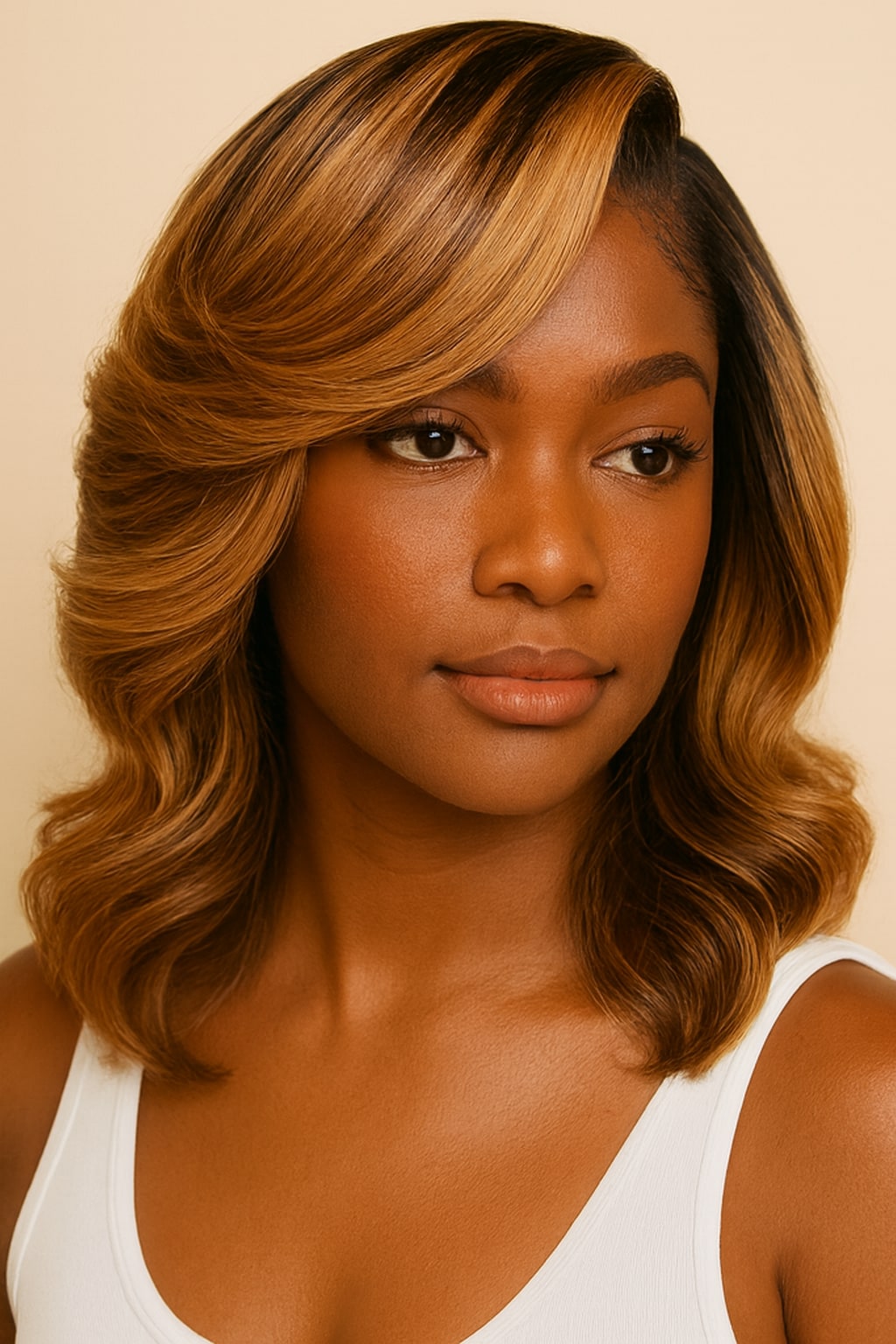 Highlight Body Wave Bob Wig, Brown with Honey Blonde Highlights, hairline and texture close-up