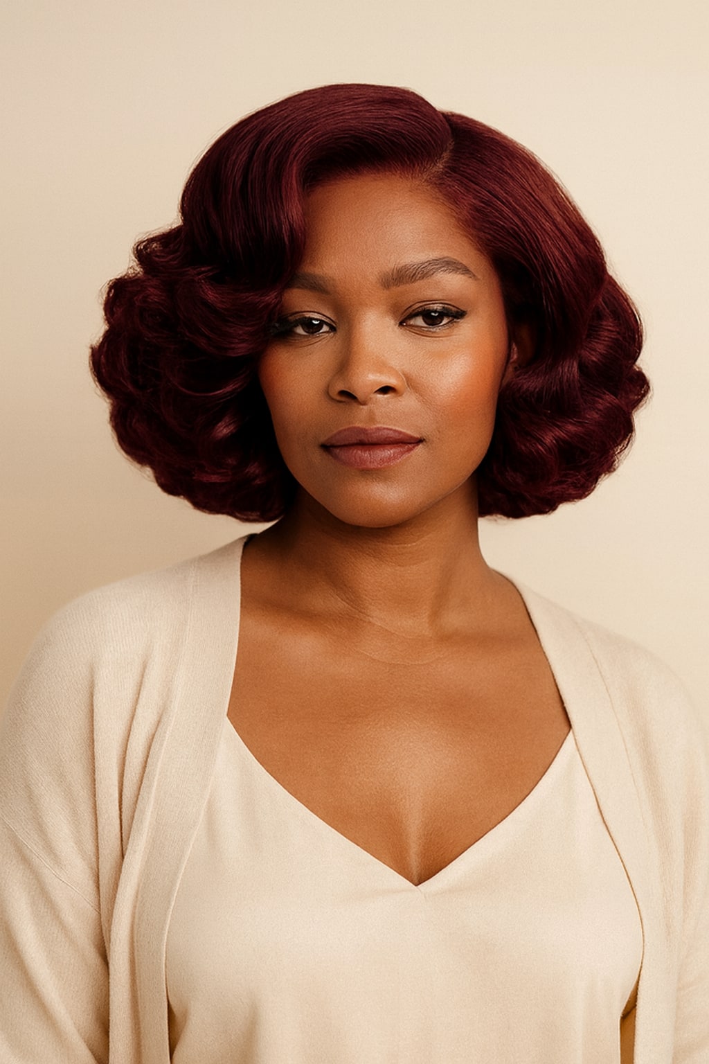 Burgundy Bouncy Curly Bob Wig, Burgundy 99J, front view