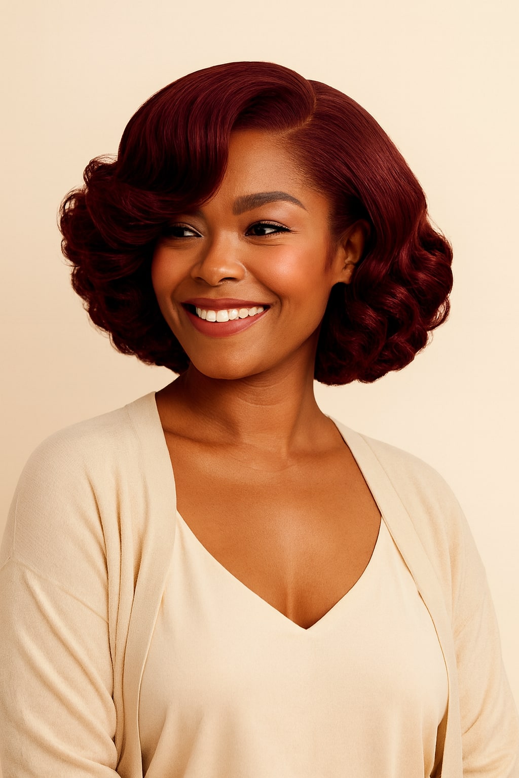 Burgundy Bouncy Curly Bob Wig, Burgundy 99J, side view