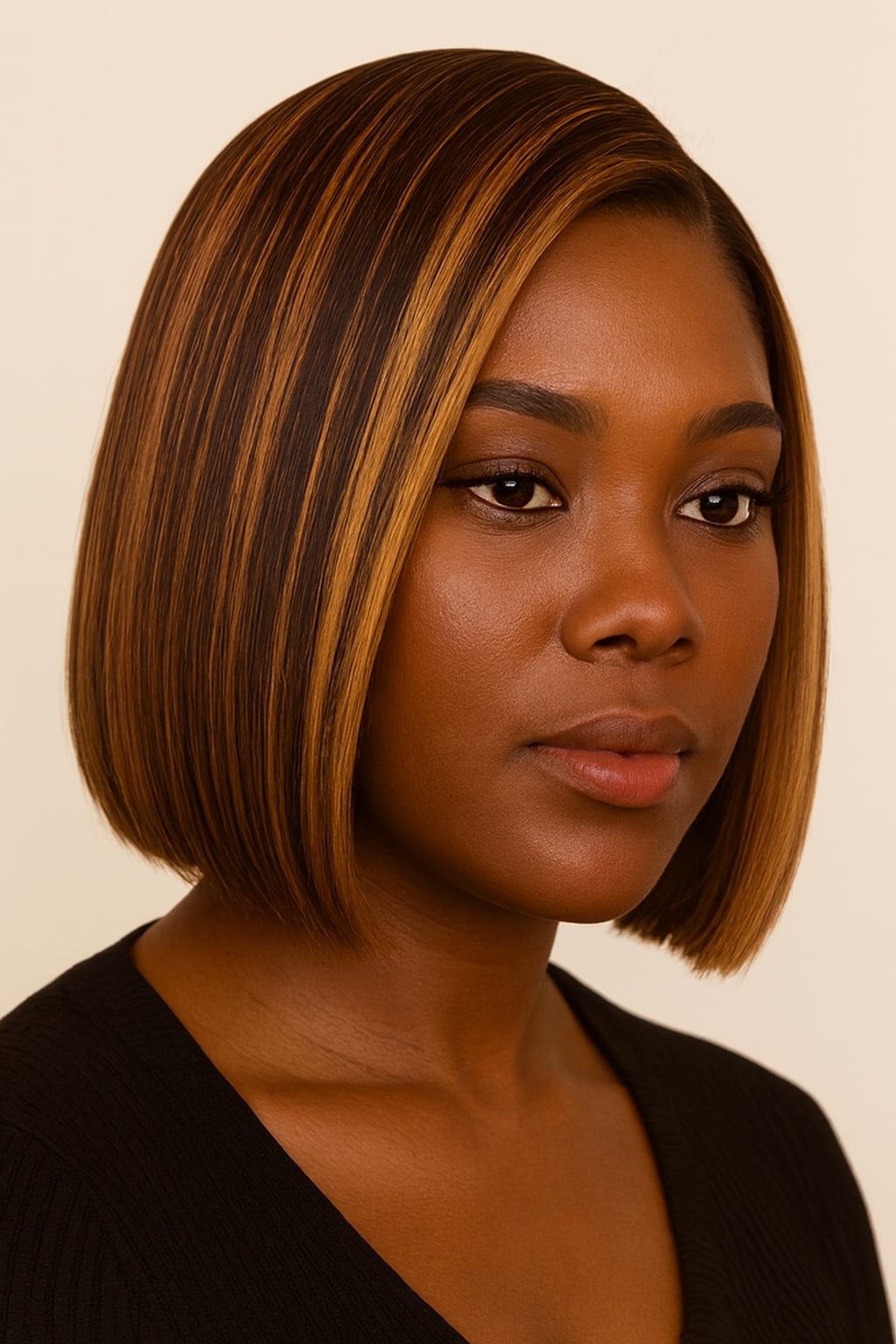 Highlight Bob Wig, Brown with Honey Blonde Highlights, hairline and texture close-up