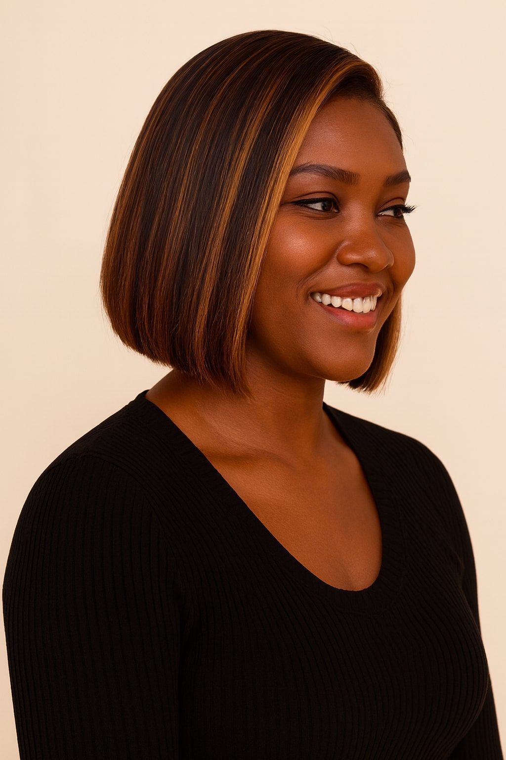 Highlight Bob Wig, Brown with Honey Blonde Highlights, side view