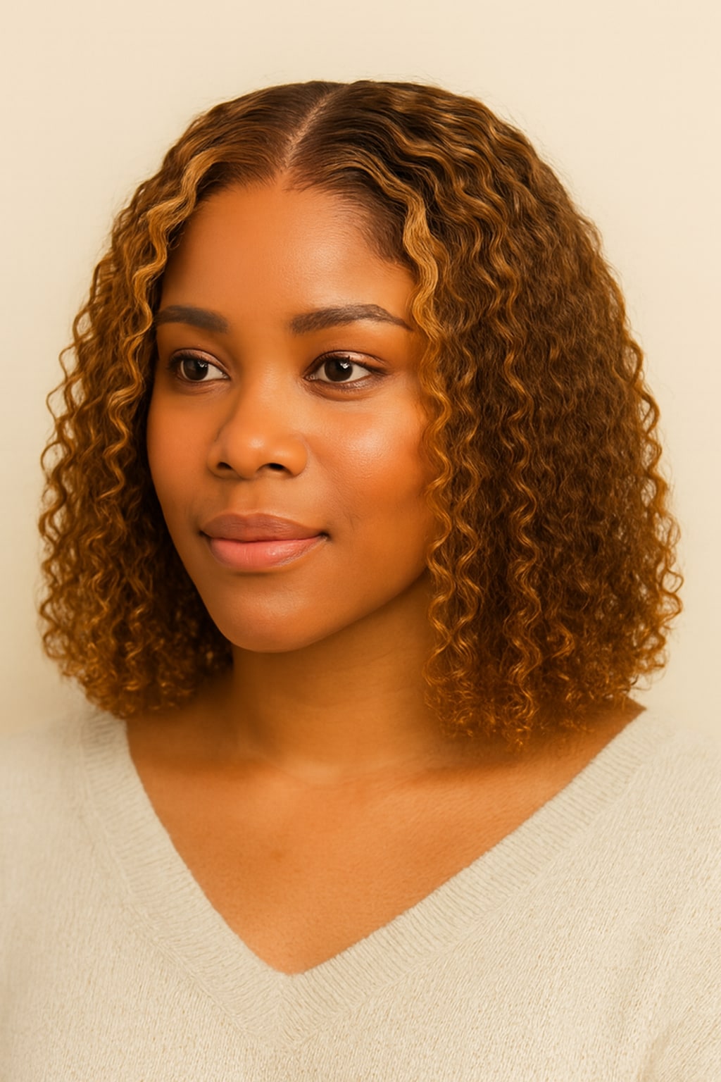 Highlight Curly Bob Wig, Brown with Honey Blonde Highlights, hairline and texture close-up