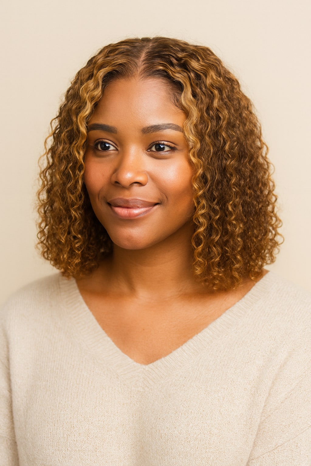 Highlight Curly Bob Wig, Brown with Honey Blonde Highlights, front view