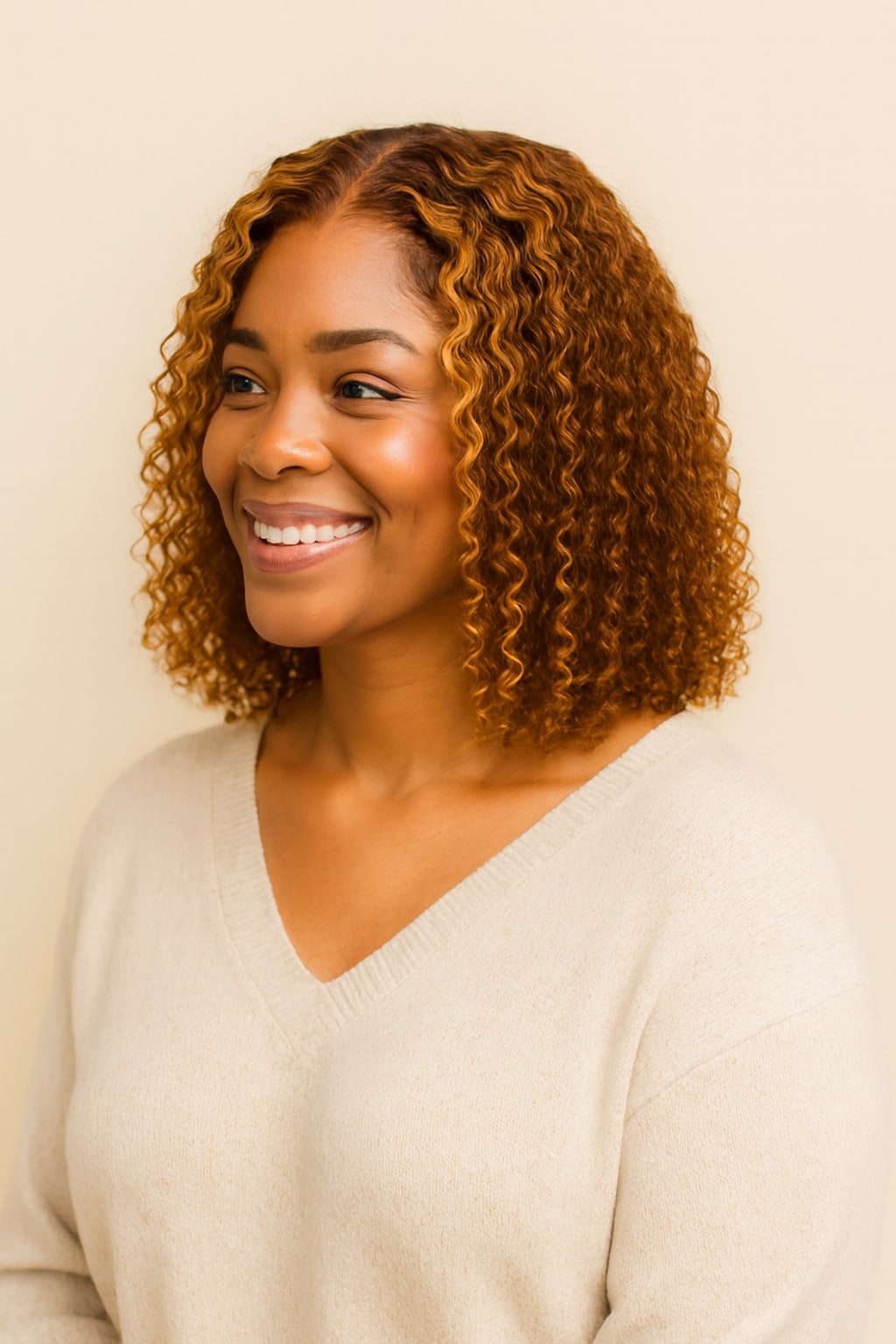 Highlight Curly Bob Wig, Brown with Honey Blonde Highlights, side view