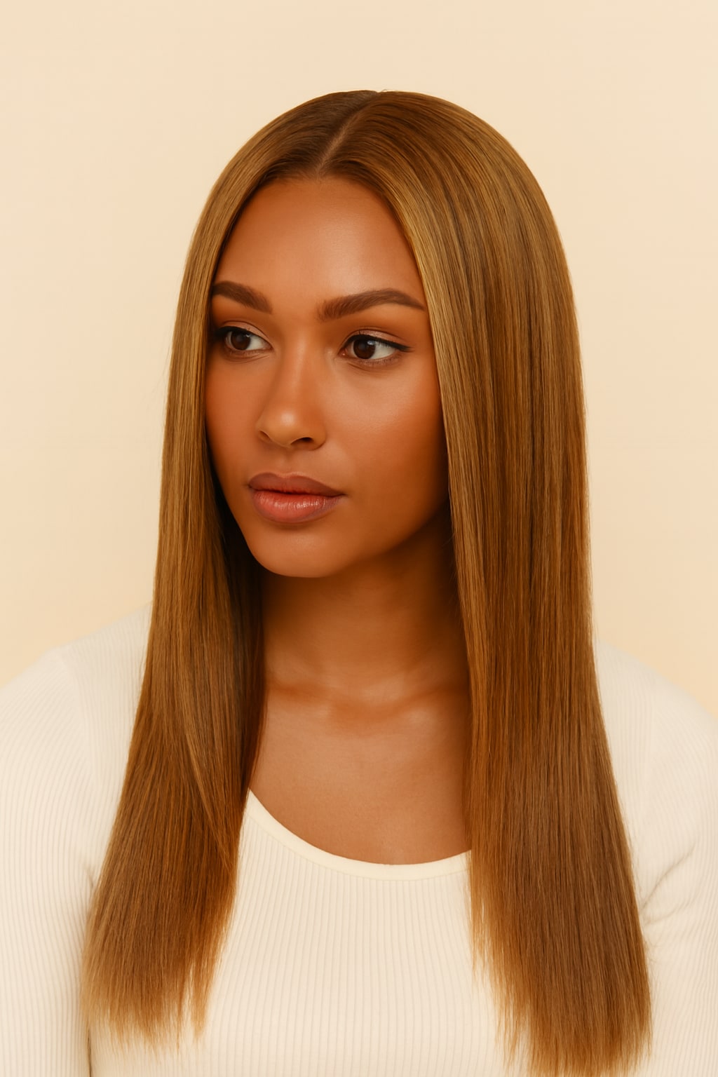 Highlight Wig Human Hair, Brown with Honey Blonde Highlights, hairline and texture close-up