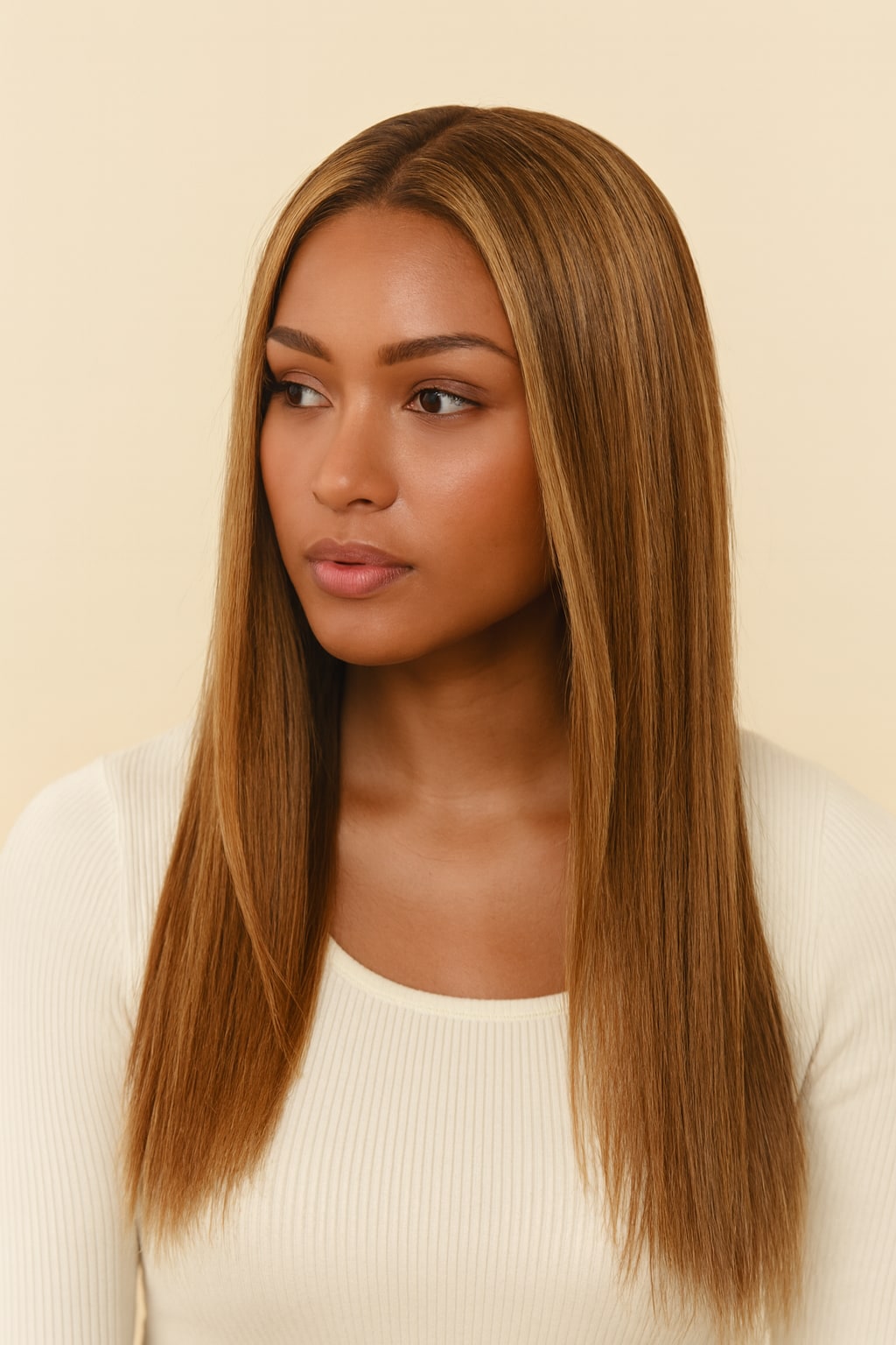 Highlight Wig Human Hair, Brown with Honey Blonde Highlights, front view