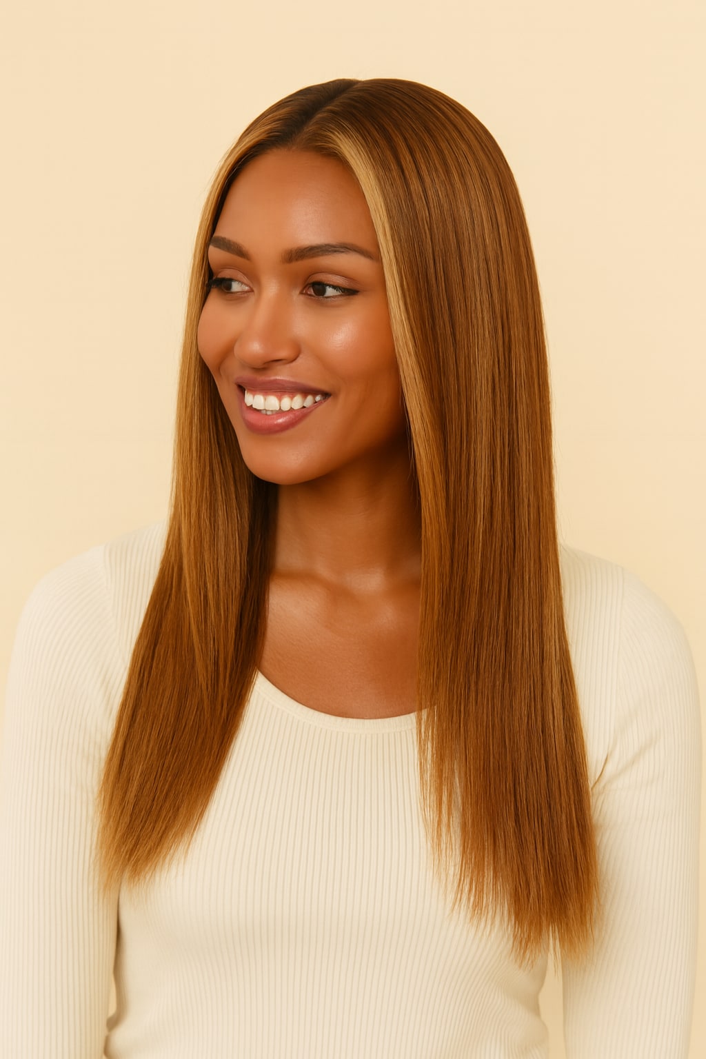 Highlight Wig Human Hair, Brown with Honey Blonde Highlights, side view