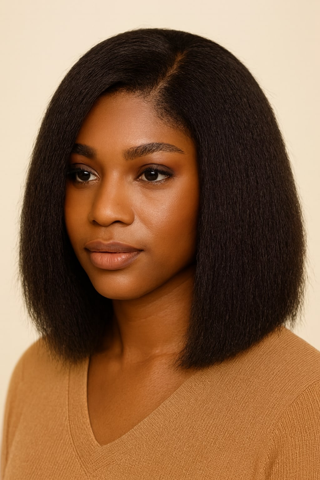 Kinky Straight Bob Wig, Natural Black, hairline and texture close-up