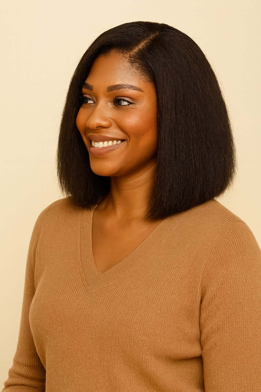 Kinky Straight Bob Wig, Natural Black, side view