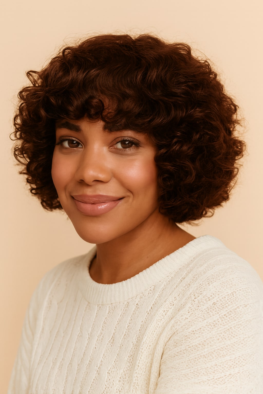 Chocolate Brown Curly Wig with Bangs, Chocolate Brown, hairline and texture close-up