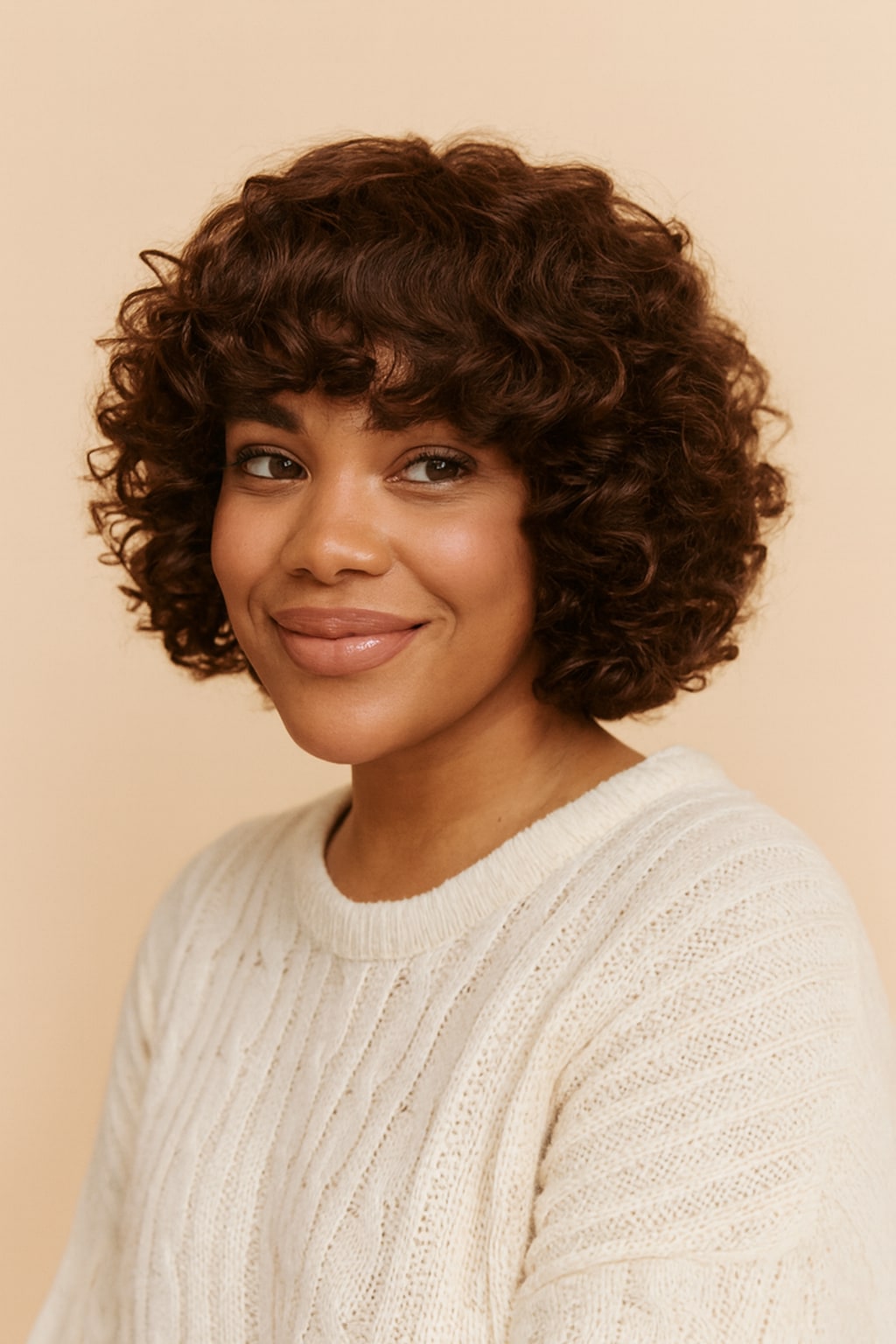 Chocolate Brown Curly Wig with Bangs, Chocolate Brown, front view