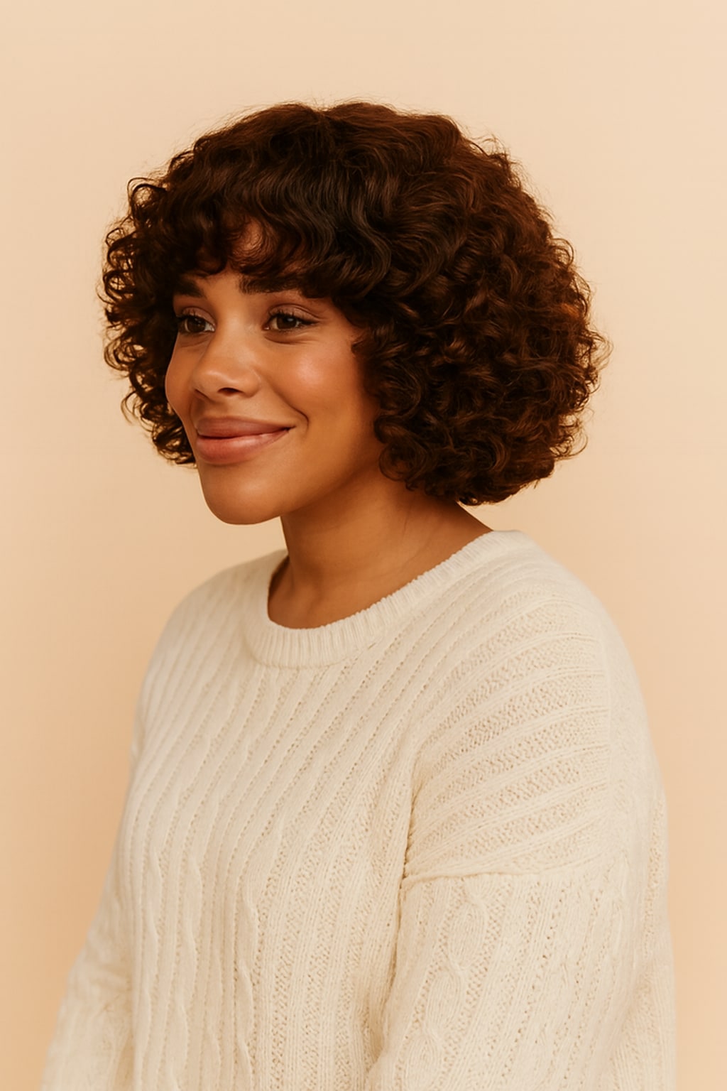 Chocolate Brown Curly Wig with Bangs, Chocolate Brown, side view