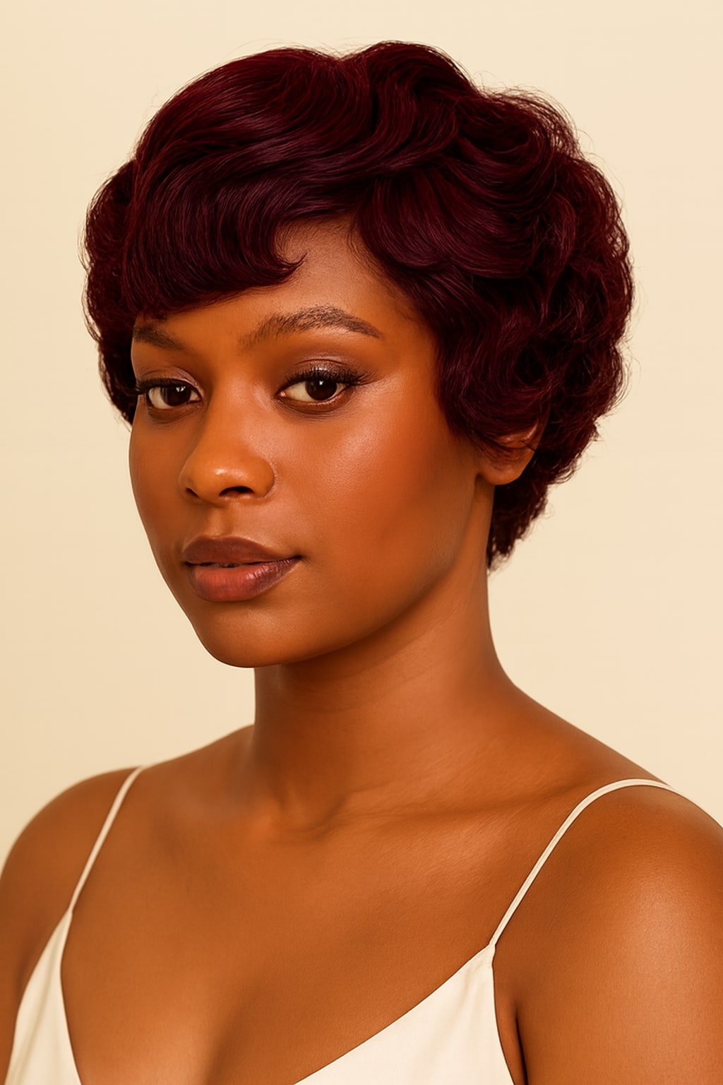 Burgundy Pixie Cut Wig, Burgundy 99J, hairline and texture close-up