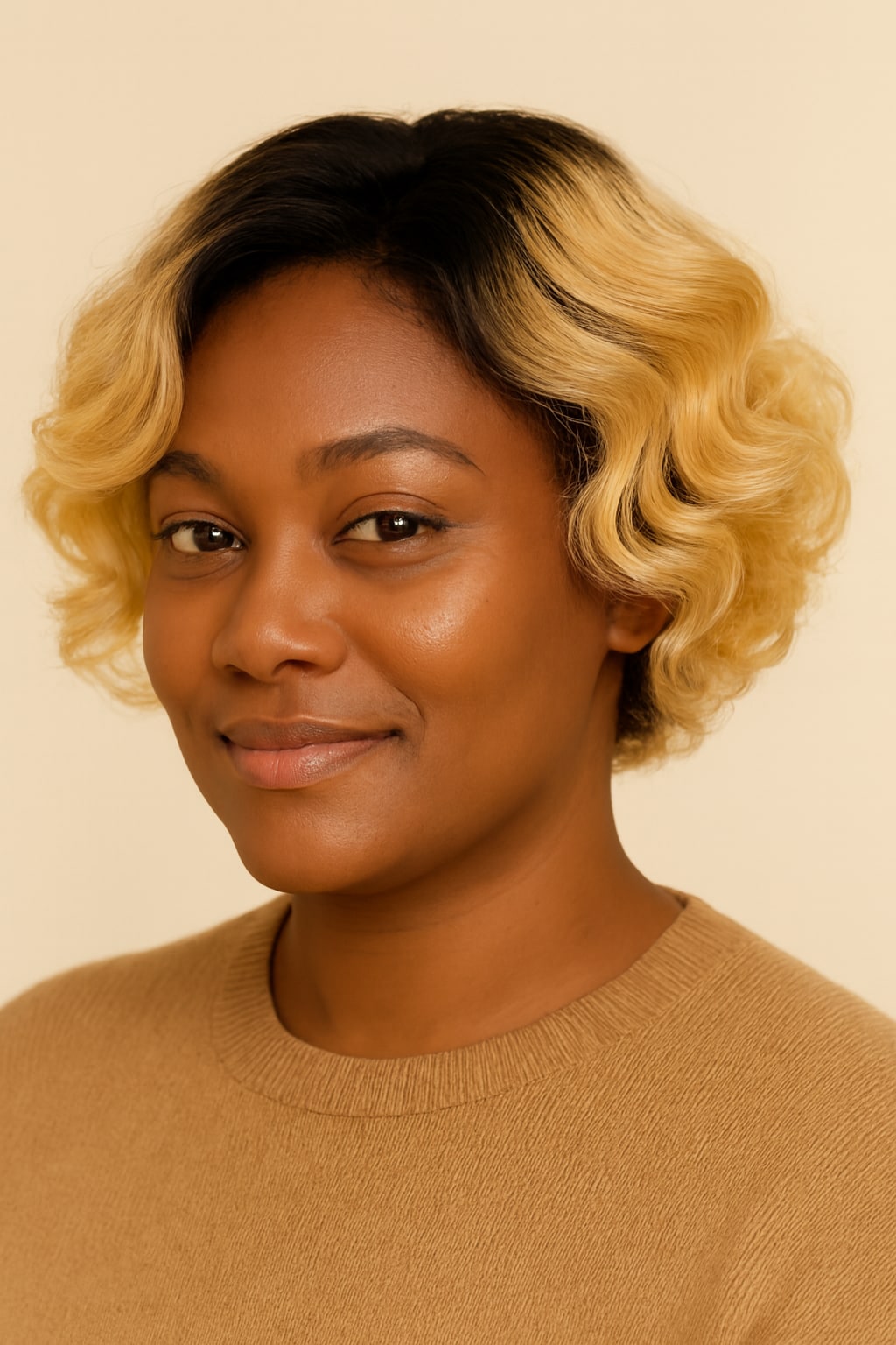 Ombre Blonde Pixie Wig with Dark Roots, Ombre Blonde 1B/613, hairline and texture close-up