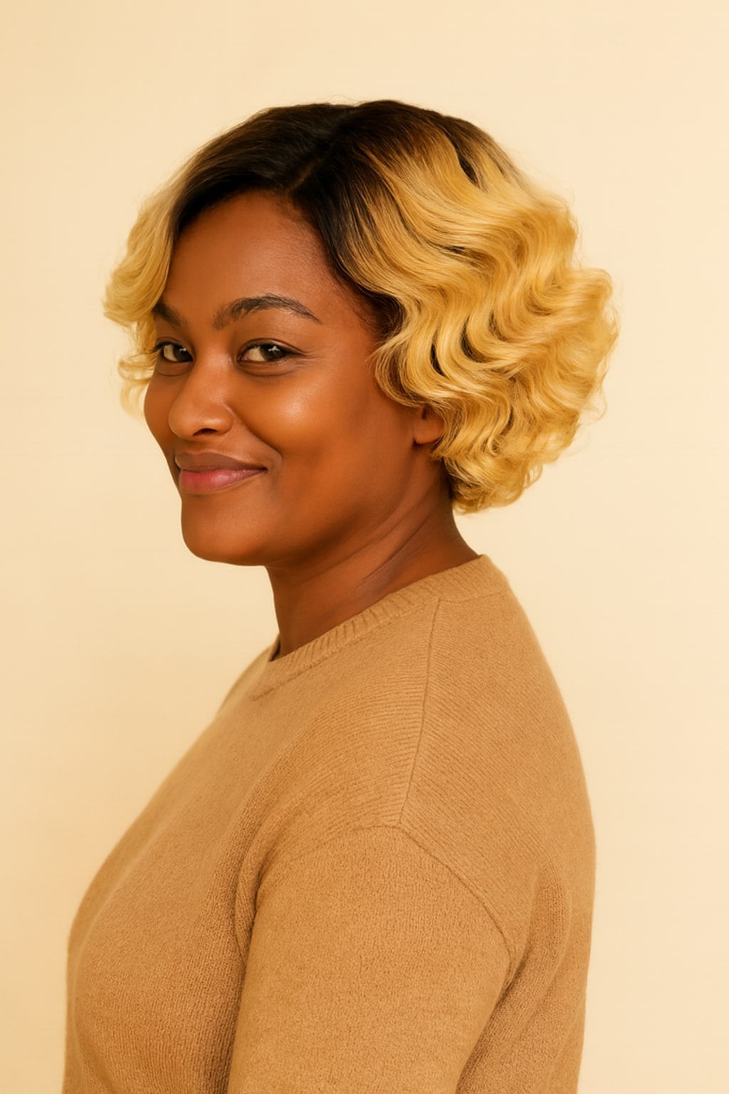 Ombre Blonde Pixie Wig with Dark Roots, Ombre Blonde 1B/613, side view